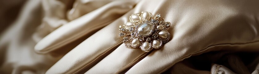 Elegant Silk Glove Holding Vintage Brooch - Timeless Beauty Captured in Detail