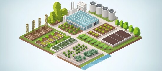 Isometric Illustration of a Modern Sustainable Farm with Greenhouse and Various Agricultural Sections