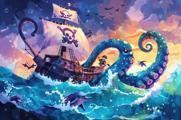 Naklejka premium Octopus wraps itself around the hull of a ship, causing damage and chaos