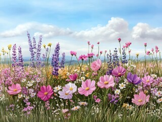 Obraz premium A vibrant field of blooming flowers in various colors under a bright blue sky with fluffy clouds, showcasing the beauty of nature.