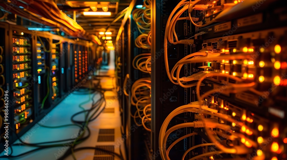 Poster server room with rows of servers connected by a complex network of cables. this image represents the