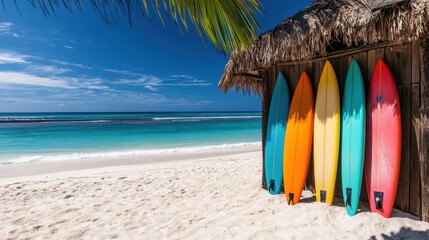 A vibrant scene featuring colorful surfboards leaning against a beach shack, with clear blue waters and sandy shores under a sunny sky.