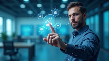 A scientist, businessman looking at the charts to analyze the data. She is looking at the digital screen, a hologram. Virtual Reality has taken place in the business world. This is a futuristic photo