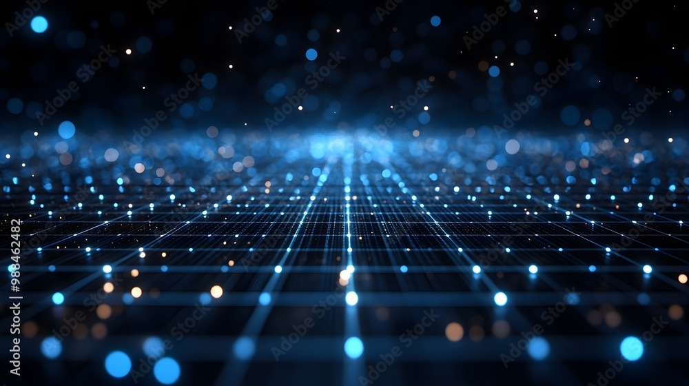 Poster abstract blue grid with bokeh lights - technology background