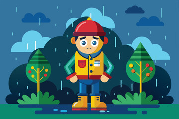 Fototapeta premium A young boy, looking disappointed, stands in a puddle with rain pouring down, surrounded by colorful trees and dark clouds.