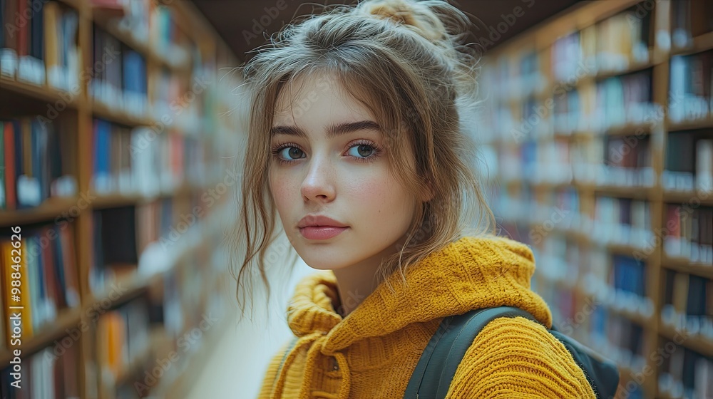 Poster young female student in library looking for books preparing for final exam