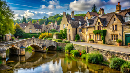 Charming old town in Cotswolds with picturesque stone buildings and low bridges over a river
