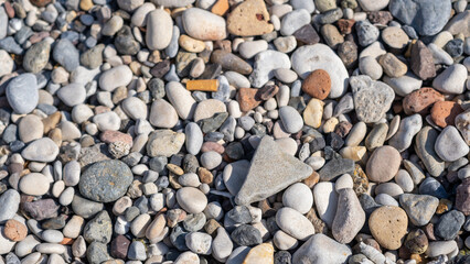 A diverse collection of small stones and pebbles lies on the beach, glistening in bright sunlight on a sunny afternoon