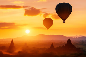 Fototapeta premium Hot air balloons drifting over ancient temples during sunrise, capturing the beauty of travel and exploration.