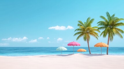 A serene beach scene featuring palm trees and colorful umbrellas under a bright blue sky, perfect for relaxation and vacation vibes.