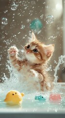 A playful kitten splashing in water with colorful bubbles, creating a joyful and vibrant atmosphere.
