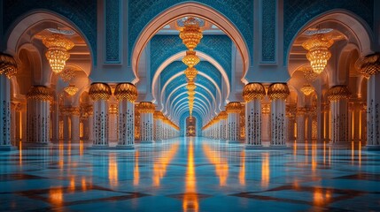 Obraz premium Majestic Mosque Interior with Golden Chandeliers Generative AI