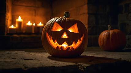 Fototapeta premium halloween pumpkin in the dark, jack o lantern, in a fireplace, dark, , ai generated