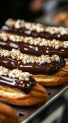 An elegant display of cake filled with creamy custard and topped with glossy chocolate ganache, neatly arranged on a tray