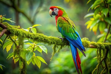 Obraz premium Amongst Costa Rica's vibrant tropical rainforest, a stunning green macaw takes its time, preening its feathers on a