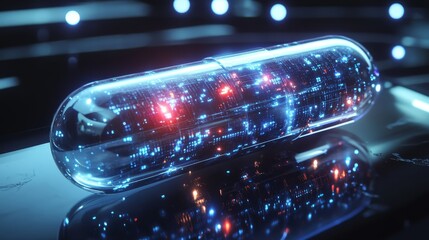 Sci-fi glass pill with data streams orbiting it, futuristic lighting, holographic effects, AI medicine fusion, cyberpunk