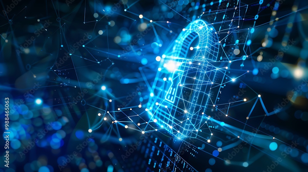 Poster digital illustration depicting a network of interconnected lines and dots forming a padlock symboliz