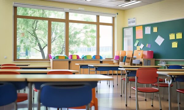 A bright, empty classroom with colorful chairs neatly arranged and sunlight streaming through the windows, creating a positive learning environment.