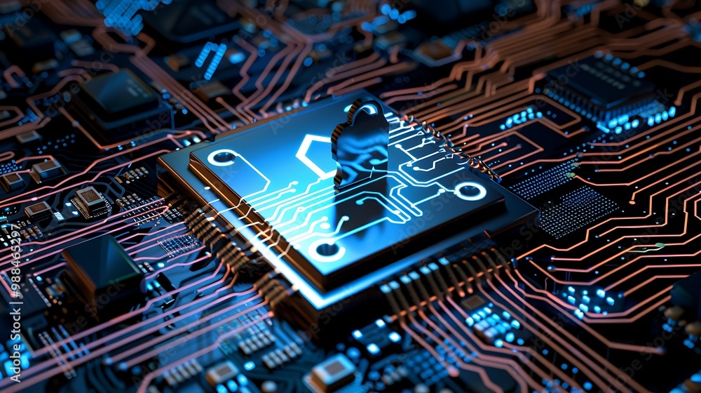 Poster close-up of a circuit board with a keyhole icon, signifying the importance of cybersecurity in prote