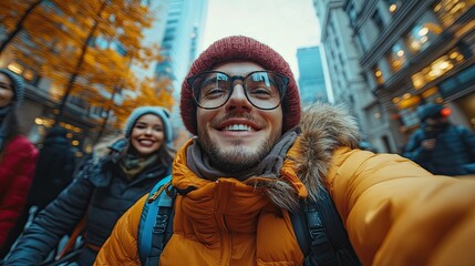 young man in wheelchair spending free time outdoor with friends taking selfie having fun in city male friendship