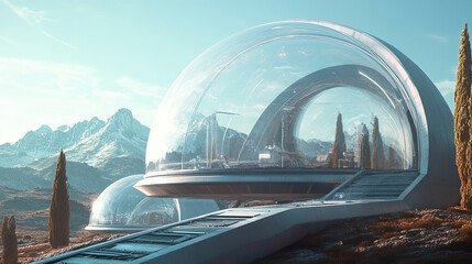 Massive dome-shaped space structure with transparent walls showcasing futuristic interior environments, floating above a distant planet's surface in a breathtaking cosmic scene.