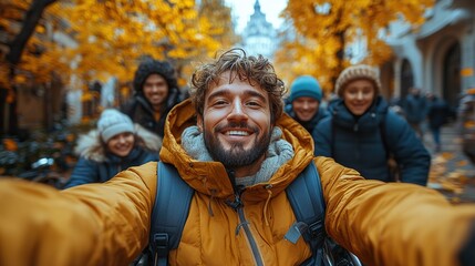 Obraz premium young man in wheelchair spending free time outdoor with friends taking selfie having fun in city male friendship