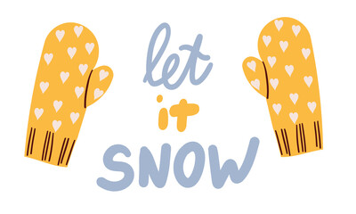 Winter woolen mittens ,vector illustration on white background lettering flat design for different autumn and winter design uses .