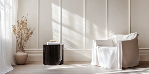 A cozy interior featuring a white chair and a black table with decorative items basking in soft natural light