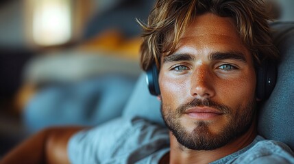 Fototapeta premium young man resting after home workout checking his exercise performance on smartwatch morning or evening workout routine listening to music through wireless headphones