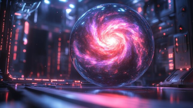Swirling nebula in a transparent sphere, levitating over futuristic glowing circuits, soft neon light, cyber-fantasy fusion, photorealistic