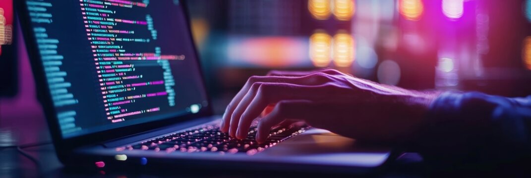 Hands typing on a laptop with glowing code on the screen in a tech-driven environment. Focus on software development and programming