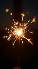 Obraz premium Burning sparkler with New Year's bokeh effect in the background