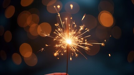 Burning sparkler with New Year's bokeh effect in the background