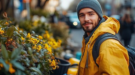 young man volunteer with team cleaning up street community service concept