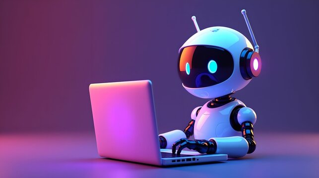 Artificial intelligence robot using laptop neon light futuristic technology 3d illustration banner