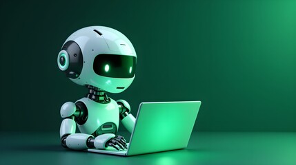 Artificial intelligence robot using laptop neon light futuristic technology 3d illustration banner