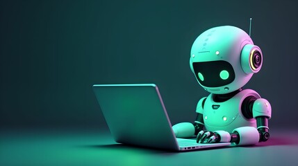 Artificial intelligence robot using laptop neon light futuristic technology 3d illustration banner