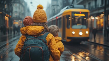 young mother commuter with little kids on the way to school walking on tram station in city