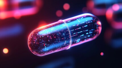 Transparent glowing pill, futuristic holographic data streams swirling around, merging medical and digital realms, neon colors