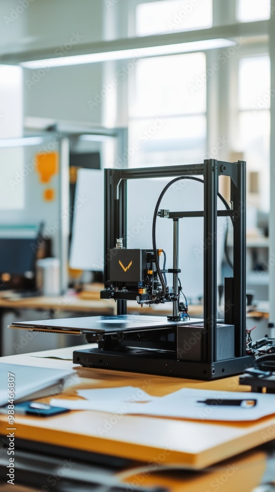 Aufkleber an industrial design workshop with 3d printers and design software in use