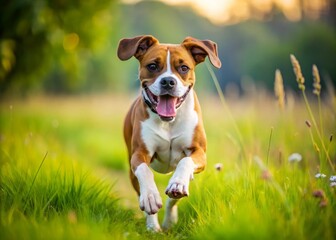 A playful beagle boxer mix, with its brown and white markings, dashes carefree through the lush green field,
