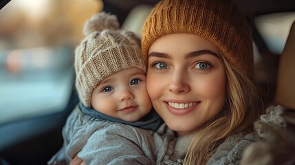 young mother with her little baby boy in the car