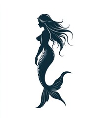 A silhouette of a mermaid with flowing hair and a fish tail, standing on a white background.