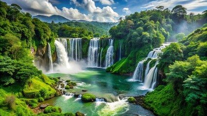 A powerful waterfall bursts from the verdant midst, giving rise to one of the longest and most iconic