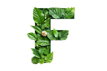 Botanical Letter F with Green Leaves and Foliage, Nature-Inspired Typography and Eco-Friendly Design on Transparent Background, Perfect for Environmental Themes