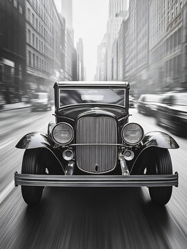 Fototapeta Vintage Car Driving Through City, Black and White