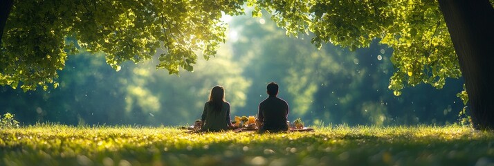 Obraz premium Couple enjoying a picnic in a lush park, surrounded by soft greenery, intimate moment filled with joy and relaxation.