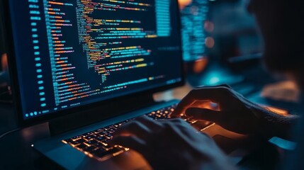 A developer working on a dual-monitor setup with code on the screen, perfect for content about IT professionals and software development