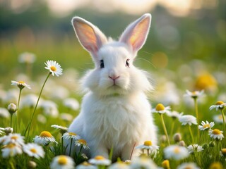 A rabbit with fluffy white fur, remarkably elongated ears, and an astonishingly large body lounges peacefully in a