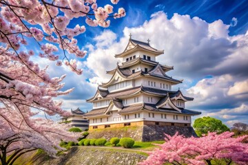 A regal castle tower is surrounded by vibrant cherry blossoms, their delicate pink petals dancing in the gentle